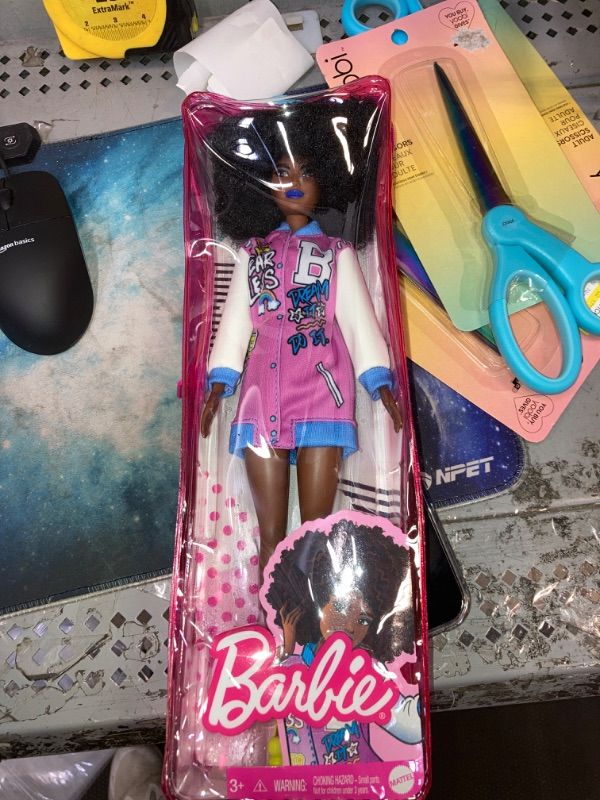 Photo 2 of Barbie Fashionistas Doll #156 with Brunette Afro & Blue Lips Wearing Graphic Coat Dress & Yellow Shoes, Toy for Kids 3 to 8 Years Old

