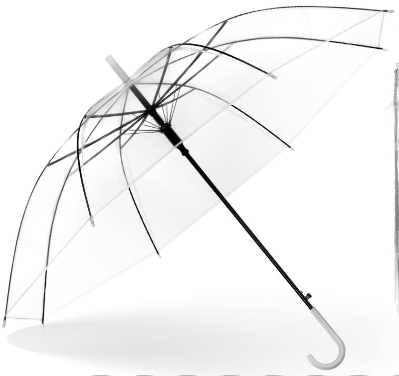 Photo 1 of 1 Pieces Wedding Umbrellas Bulk Auto Open Stick Umbrellas with White European J Hook Handle Windproof Large Canopy Umbrella for Outdoor Wedding Bride Groom Photography Golf Clear