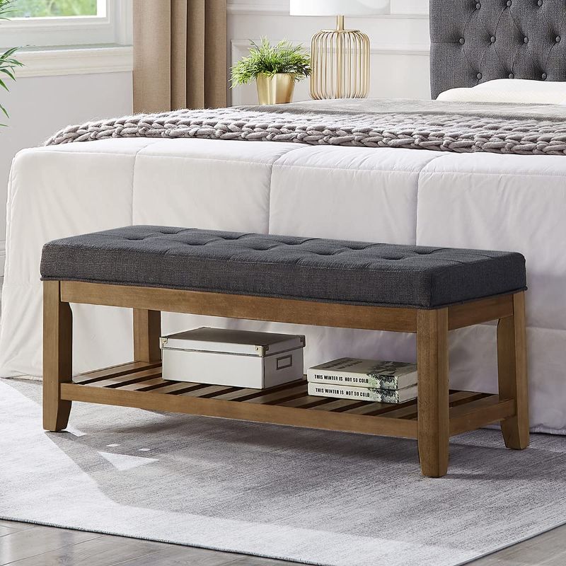 Photo 1 of 24KF Large Rectangular Upholstered Tufted Linen Fabric Ottoman Bench, Padded Bench with Solid Wood Shelf-Charcoal
