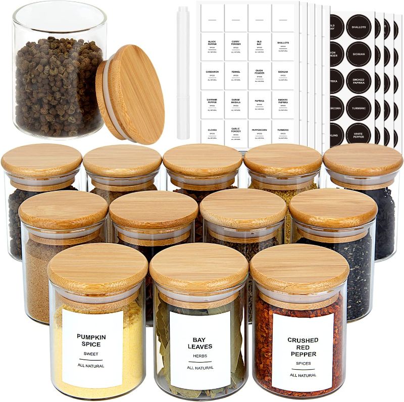 Photo 1 of  Glass Spice Jars with Bamboo Lids and Waterproof Labels, 4oz Clear Food Storage Containers for Kitchen Sugar Salt Coffee Beans