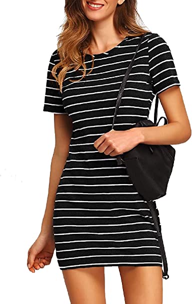 Photo 1 of  Women's Casual Short Sleeve Striped Bodycon T Shirt Short Mini Dress SMALL
