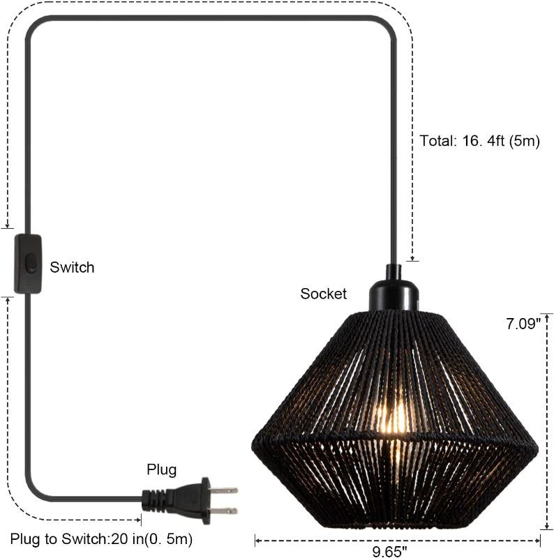 Photo 3 of YongMing CL 2 Pack Woven Plug in Pendant Light Fixture Black, 9.65’’ Rustic Farmhouse Pendant Hanging Light with Plug in Cord & On/Off Switch for Kitchen Island Living Dining Room Bedroom Foyer Black 2 pack