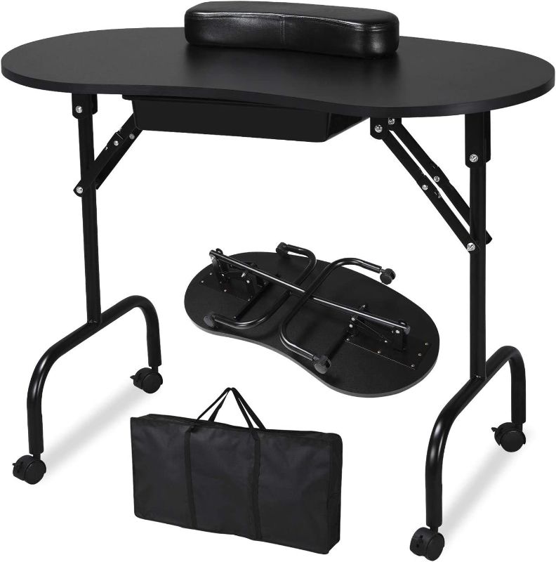 Photo 1 of  37-inch Portable & Foldable Manicure Table Nail Desk Workstation with Large Drawer/Client Wrist Pad/Controllable Wheels/Carrying Case for Spa Beauty Salon Black