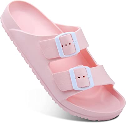 Photo 1 of  Women's Slides-Sandals Double Buckle Slip on-Summer-Slippers Adjustable EVA-Sandals Waterproof Swim Pool Bath Shower Shoes for Women Comfortable Non Slip, SIZE 11 