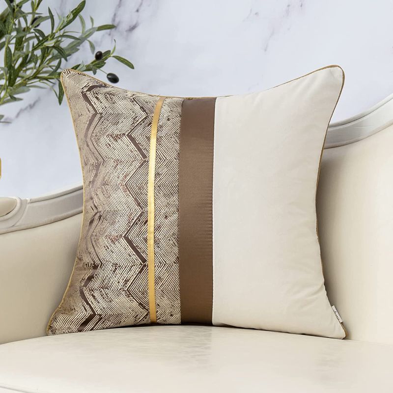 Photo 1 of  20 x 20 Inch Brown White Geometric Striped Gold Leather Patchwork Velvet Cushion Case Luxury Modern Lumbar Throw Pillow Cover Decorative Pillow for Couch Sofa Living Room Bedroom Car