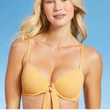 Photo 1 of 34C Women's Light Lift Tie-Front Pique Textured Bikini Top - Shade & Shore Light Yel
