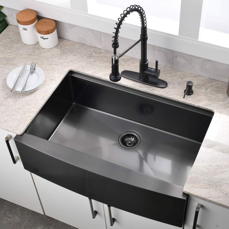 Photo 1 of 33 Inch Black Workstation Farmhouse Kitchen Sink - VOKIM 33x22 Apron Front Curved Workstation Farmhouse Sink Stainless Steel 16 Gauge Single Bowl Gunmetal Matte Black Farm Sink
