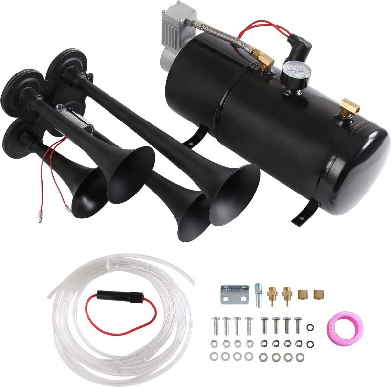 Photo 1 of 150DB 4 Trumpet Train Horns kit Super Loud Air Horn with 150 PSI 12V Air Compressor Air Horn Compressor Tank For Any Vehicle Trucks Car Jeep Or SUV
