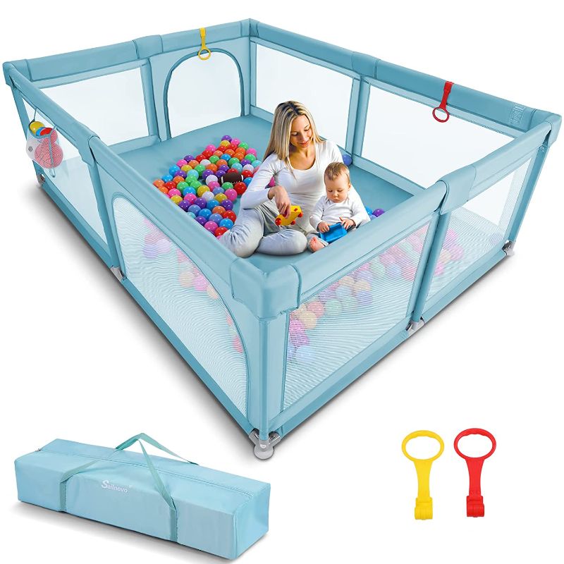 Photo 1 of Play Pens for Babies and Toddlers 79'' x 59'' Extra Large Baby Playpen, Sailnovo Large Baby Play Pen Play Yard for Baby, Baby Fence Kids Activity Center with Anti-Slip Sucker and Handler(Green)
