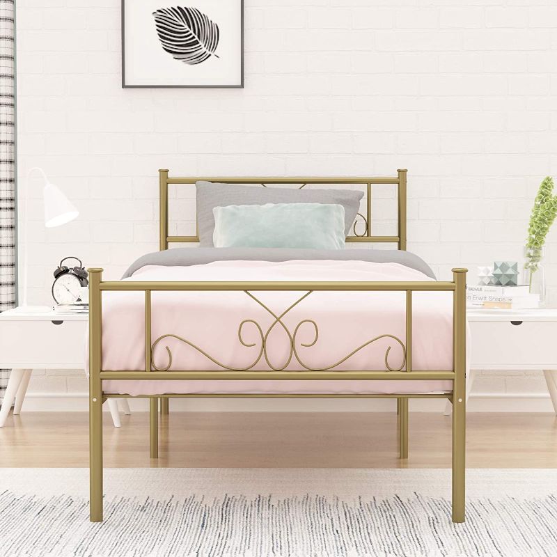 Photo 1 of  Twin Bed Frame with Headboard and Footboard Metal Platform Bed Frame Under Bed Storage Mattress Foundation No Box Spring Need Gold