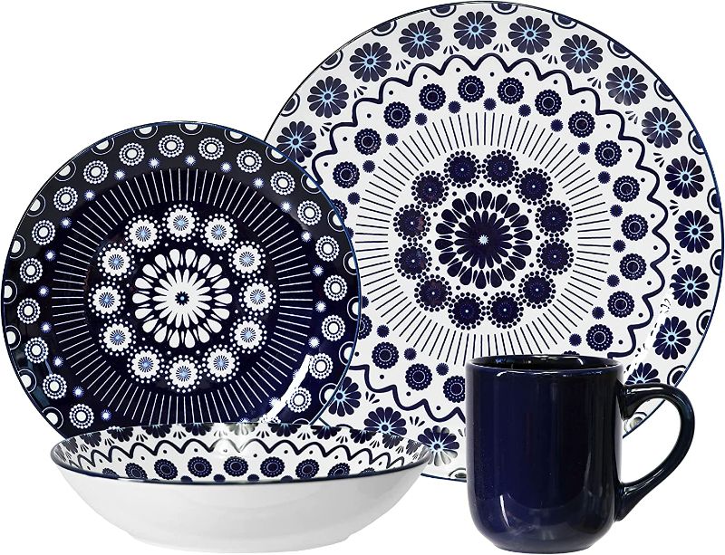 Photo 1 of 16 Pieces Dinnerware Set, Stoneware, plates and bowls sets, Service for 4, Porcelain, Decorated Mod Dot Blue, Microwave Dishwasher Safe, Chip Resistant, for everyday casual kitchen and formal dinner