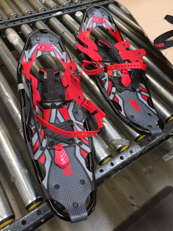 Photo 2 of  Light Weight Snowshoes with Toe Box, EVA Padded Ratchet Binding, Heel Lift, Flexible Pivot Bar, Durable Back Strap, Set with Trekking Poles, Carrying Bag, Snow Baskets, Orange/Blue/Red Available