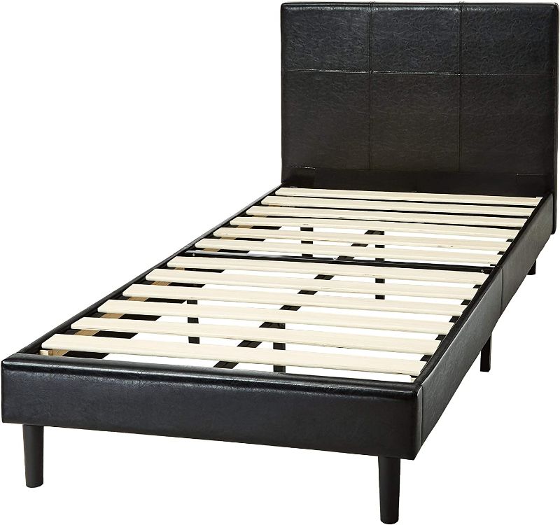 Photo 1 of Amazon Basics Faux Leather Upholstered Platform Bed Frame with Wooden Slats, Twin --- Box Packaging Damaged, Item is New, Item is Missing Parts

