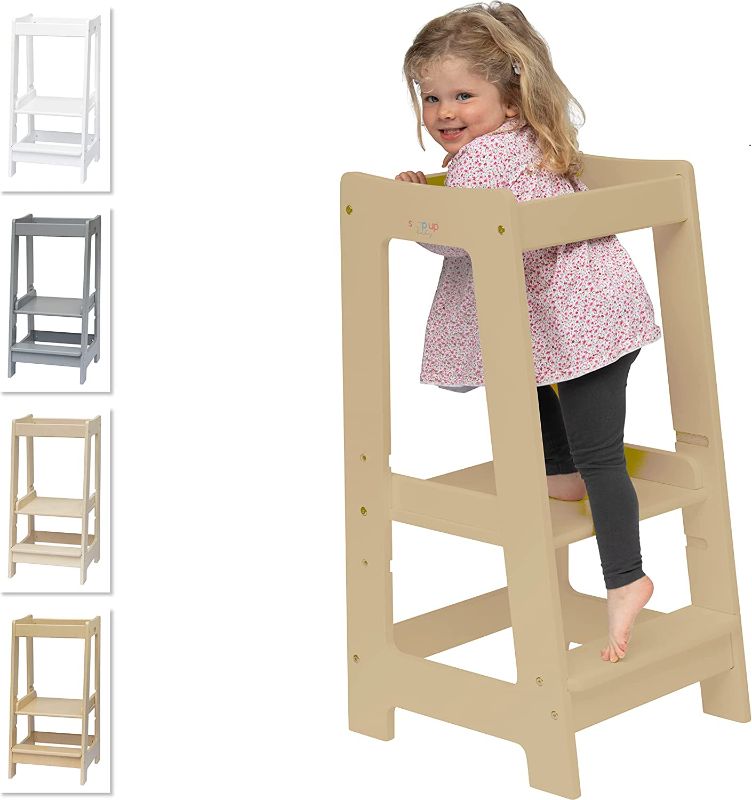 Photo 2 of Kitchen Tower for Kids with Safety Rail,Toddler Standing Tower for Kitchen Counter, Baby Montessori Tower,Solid Wood Construction,TAN NOT BLUE 