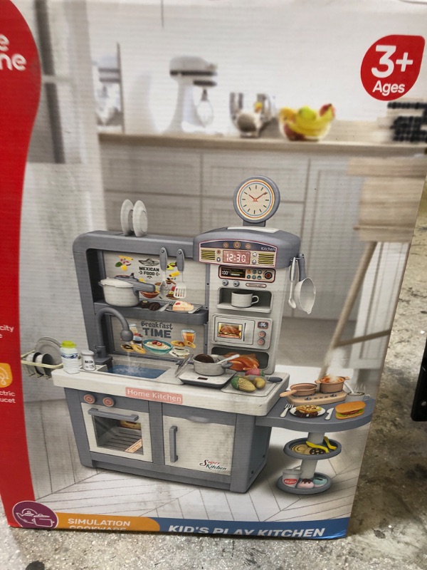 Photo 1 of CUTE STONE Play Kitchen with Lights & Sounds, Kids Kitchen Playset with Play Sink, Cooking Stove with Steam, Play Oven & Microwave and 48Pcs Toy Accessories Set, Kitchen Toy Gift for Ages 3+ Gray