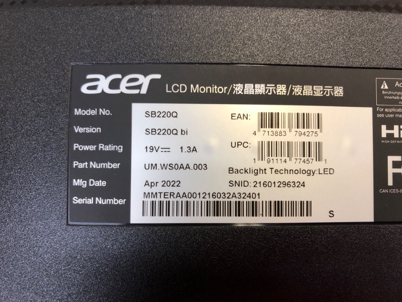 Photo 4 of Acer 21.5 Inch Full HD (1920 x 1080) IPS Ultra-Thin Zero Frame Computer Monitor (HDMI & VGA Port), SB220Q bi