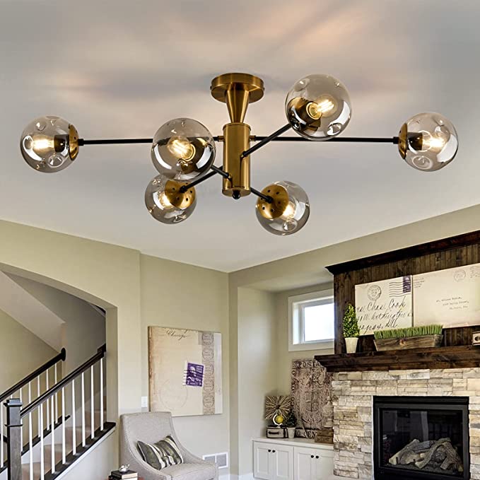 Photo 1 of  Modern Semi Flush Mount Ceiling Light Fixture 6-Light Sputnik Gold Chandelier with Glass Globe Mid Century Ceiling Lighting for Dinning Room Farmhouse Kitchen Bedroom Living Room.