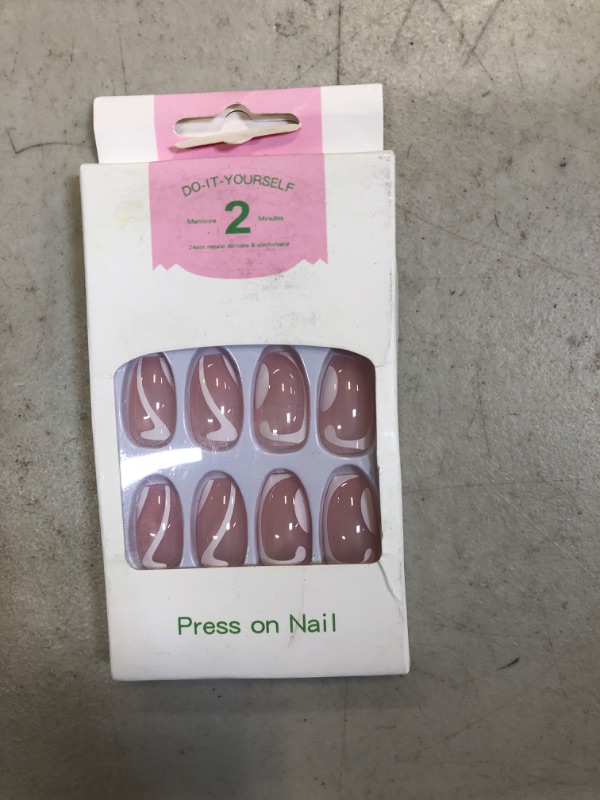 Photo 1 of 24Pcs Press on Nails Short Full Cover Coffin Fake Nails Glossy Stick on Nails Short French False Nails with Glue Acrylic Nails for Women & Girls?White lines?