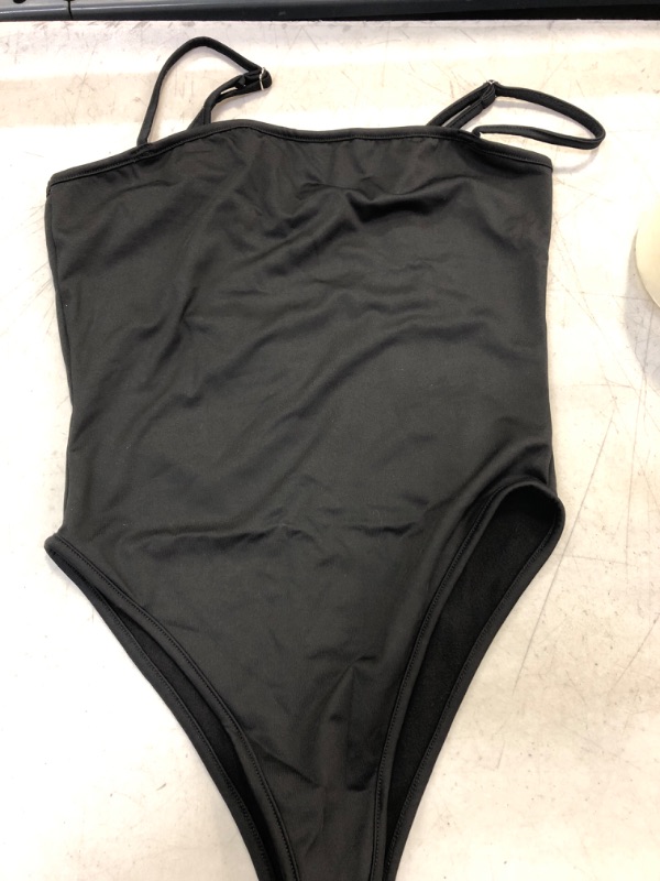 Photo 1 of BEAGIMEG Women's Spaghetti Strap Bodysuits Tops Back Adjustable Solid Basic Leotard BLACK Small