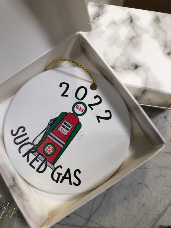 Photo 2 of 2022 Sucked Gas Christmas Ornaments, Two Sided Christmas Tree Hanging Decorations, Funny Gas Christmas Pendant, Fuel Prices Ceramic Ornament, for Family Friends with Ribbon and Gift Box (Sucked Gas) 2 PCS