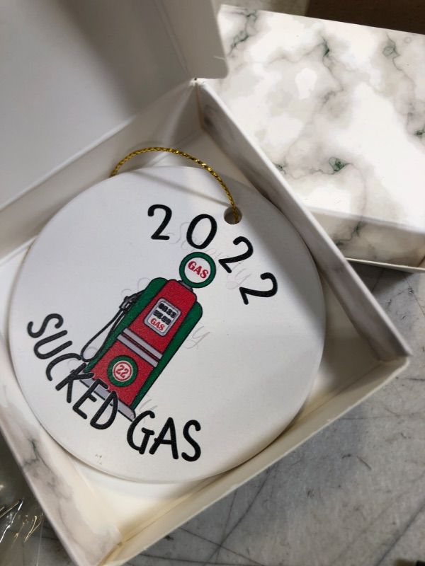 Photo 2 of 2022 Sucked Gas Christmas Ornaments, Two Sided Christmas Tree Hanging Decorations, Funny Gas Christmas Pendant, Fuel Prices Ceramic Ornament, for Family Friends with Ribbon and Gift Box (Sucked Gas) 2 PCS