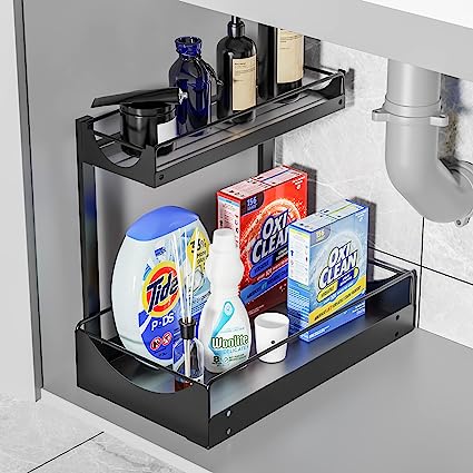 Photo 1 of  Under Sink Organizers and Storage-2-Tier Heavy Duty Metal Pull Out Drawers Under Cabinet Organizers Around Plumbing, for Under Kitchen Bathroom Sink Organizers and Storage(Black)…
