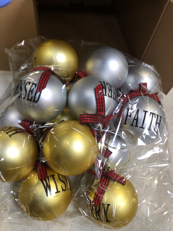 Photo 2 of 16 Pieces Christmas Ball Hanging Ornament Buffalo Plaid Xmas Tree Ornaments Matte Christmas Word Hanging Decoration with Bows for Farmhouse Party Supply (Black Red Plaid, Silver and Gold Ball, 3 Inch) 3 Inch Black Red Plaid, Silver and Gold Ball