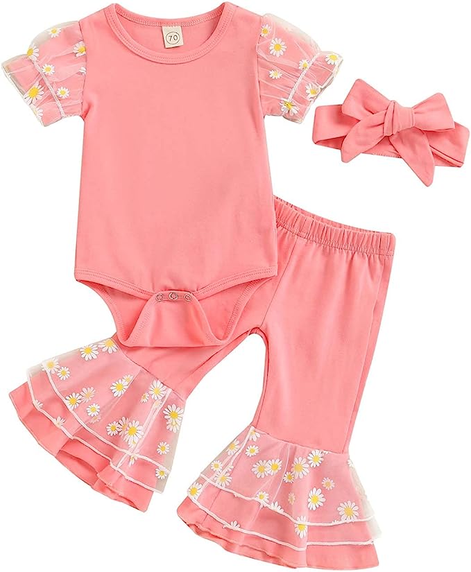 Photo 1 of Baby Girls Bell Bottoms 3Pcs Daisy Outfits Mesh Patchwork Playsuit Flared Pants Headband  1T -2T