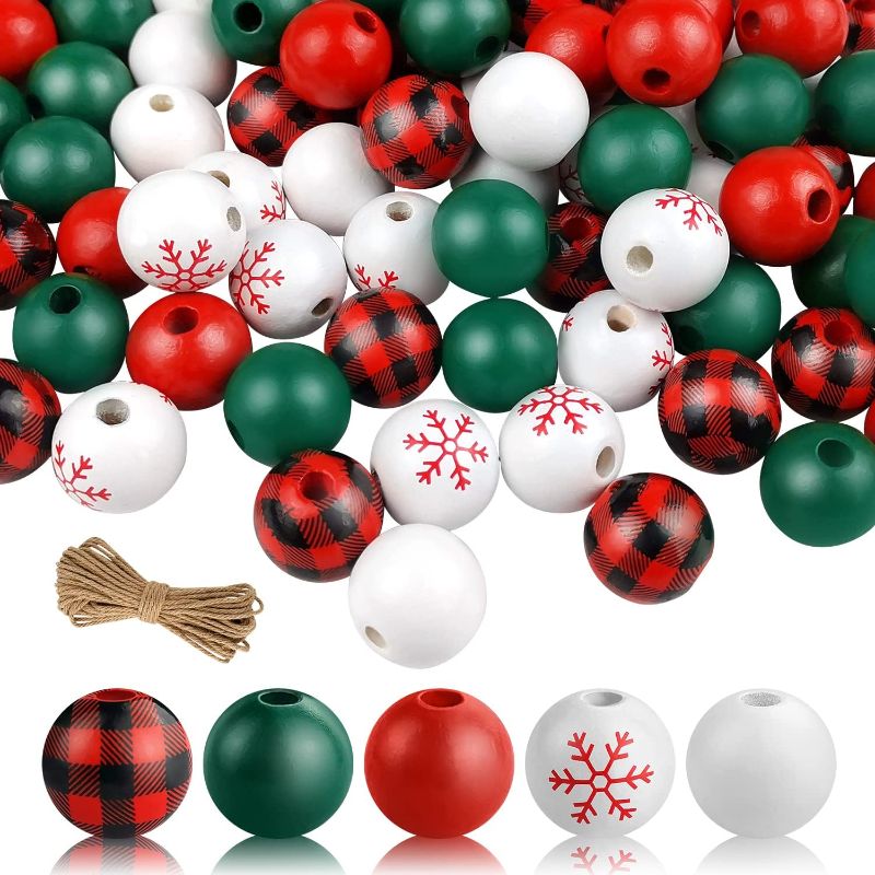 Photo 1 of 210 Pcs Christmas Wooden Beads Red Green Buffalo Plaid, Polished Spacer Beads, Colored Wood Beads for Christmas Party Holiday DIY Crafts Garland Jewelry Making,16 mm