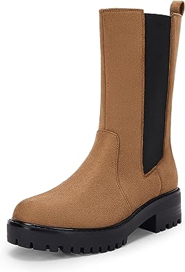 Photo 1 of Chelsea Boots for Women Mid Calf Lug Sole Booties Chunky Heel Shoes Fall Combat Boots