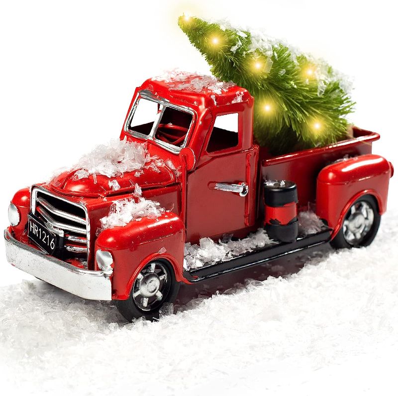 Photo 1 of  Christmas Red Truck Decor, Vintage Red Truck Set Metal Farm Pickup Truck Model  DESIGN MAY VARY SEE 2ND PHOTO