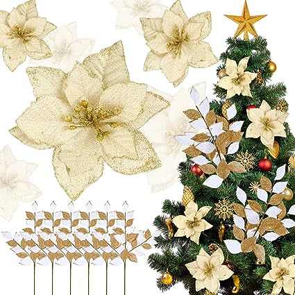 Photo 1 of 18 Pieces Poinsettia Artificial Christmas Glitter Flowers Christmas Tree Picks and Sprays Christmas Poinsettia Decorations for Christmas Tree Bouquet Tree Topper Flower Arrangement DESIGN MAY VARY