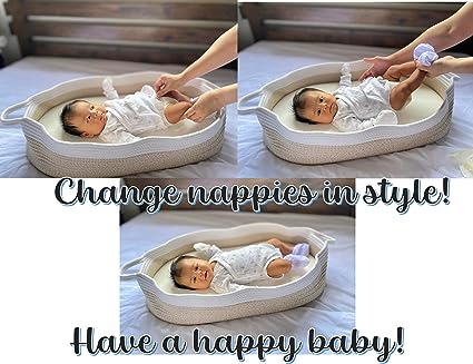 Photo 1 of Baby Changing Basket - Moses Basket Boho Nursery Decor Cotton Rope Changing Table Topper with Thick Cotton Foam Pad and Removable Waterproof Bamboo Mattress Cover