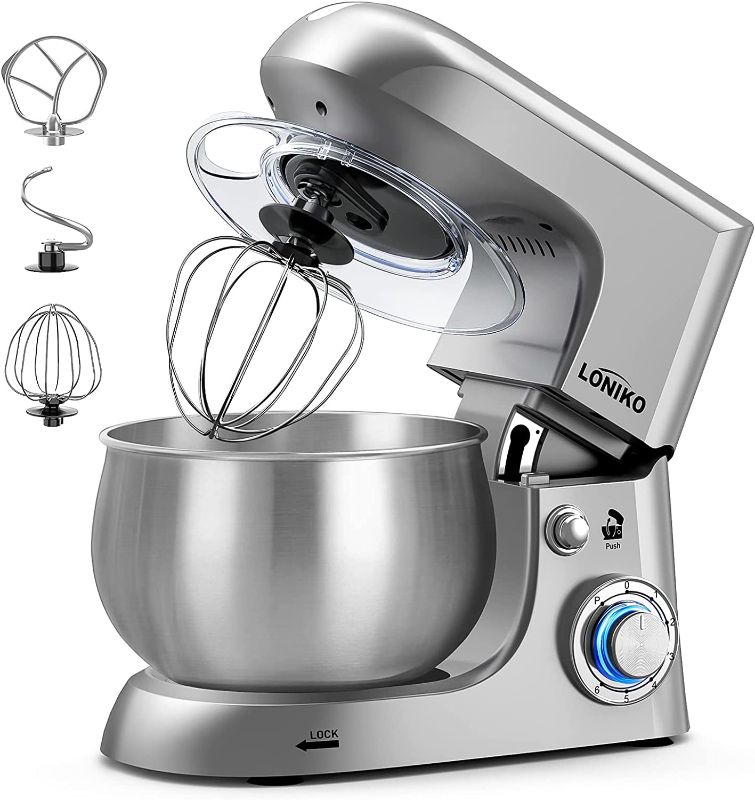 Photo 1 of Loniko Multifunctional Electric Stand Mixer, 6.5 Quarts, 6 Speeds Household Stand Food Mixers with Dough Hook, Whisk & Flat Beater Attachments, and Splash Guard(Silver)
