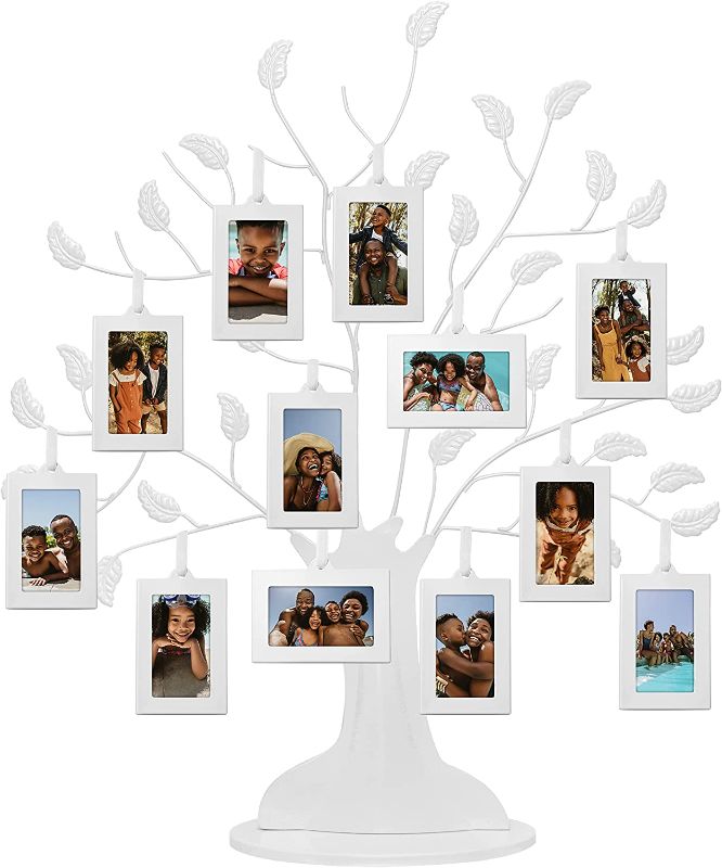 Photo 1 of Americanflat White Family Tree with 12 Hanging White 2x3 Picture Frames and Adjustable Ribbon Tassels - 22", Metal
