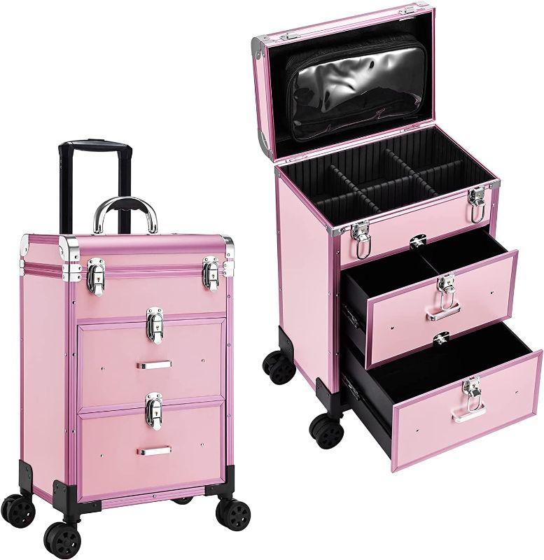 Photo 1 of Adazzo Professional Rolling Makeup Train Case with Drawers, Large Cosmetic Trolley with Locks, Cosmetics Storage Organizer Make up Case for Travel Makeup / Nail Art / Hair Styling, Matte Pink
