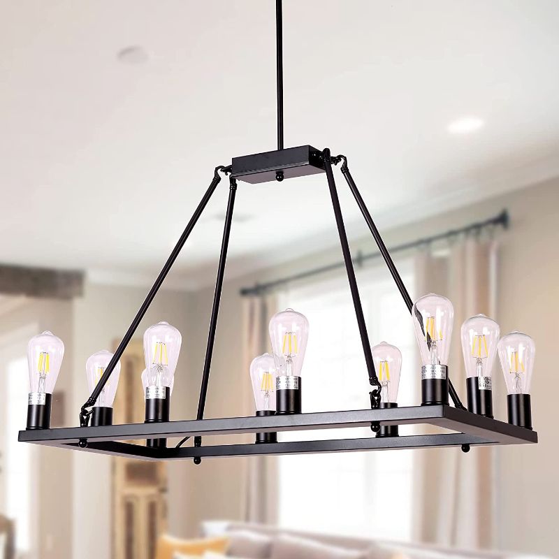 Photo 1 of Artroee Farmhouse Rectangle Chandelier Rustic Linear Island Light Fixtures Vintage Industrial Iron Rod Chandeliers Lighting for Kitchen Dining Room Lighting Fixture Hanging Matte Black, L31
