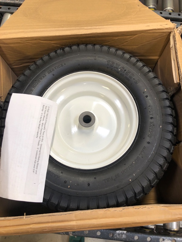 Photo 2 of (2-Pack) 16x6.50-8 Pneumatic Tires on Rim - Universal Fit Riding Mower and Yard Tractor Wheels - With Chevron Turf Treads - 3” Centered Hub and 3/4” Bushings - 615 lbs Max Weight Capacity