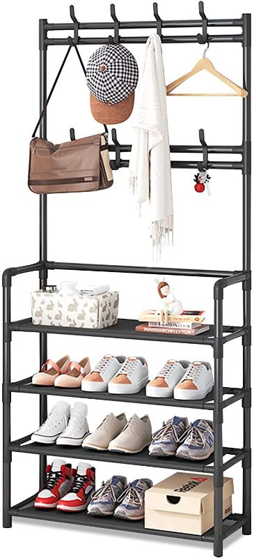 Photo 1 of 4-Tier Coat and Shoe Rack Entryway Hall Tree, Entryway Coat Rack Hallway Bench Storage Organizer, 3-in-1 Designed of Metal Storage Rack with Bag?Coat?Hat?entryway bench with coat rack?Bedroom?(Black)
