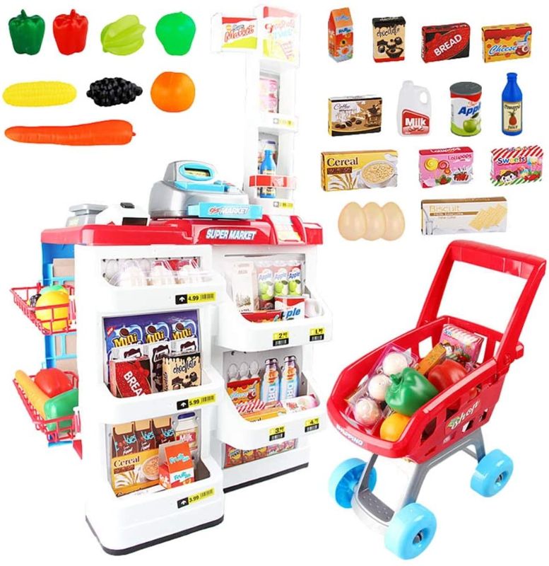 Photo 1 of DQQ 32 Piece Cash Supermarket Playset with Working Scanner Register Shopping Cart Play Money Pretend Play Set Toys Accessories for Kids
