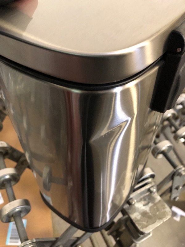 Photo 1 of Amazon Basics 5 Liter / 1.3 Gallon Soft-Close, Smudge Resistant Trash Can with Foot Pedal - Brushed Stainless Steel, Satin Nickel Finish 5L / 1.3 Gallon --------- OUT OF THE BOX NEW, SOME DENTS ON ITEM AS SHOWN IN PICTURES