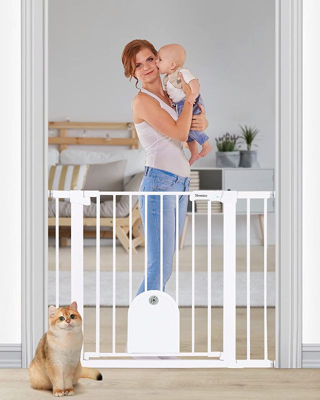 Photo 1 of Auto Close Baby Gate with Small Cat Door, Easy Walk Thru & Durable Dog Pet Gates for Stairs, Doorway, House, Pressure Mounted Safety Child Gate Includes 4 Wall Cup