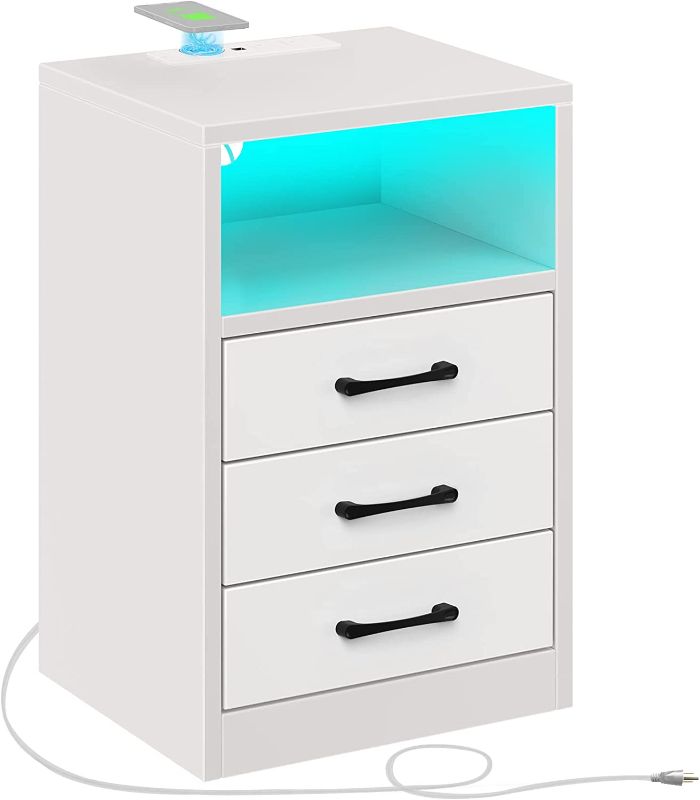 Photo 1 of 
Rolanstar Nightstand with Wireless Charging Station and LED Lights, Tool Free Quick Install Modern End Table with 3 Drawers, Side Table for Bedroom, White
