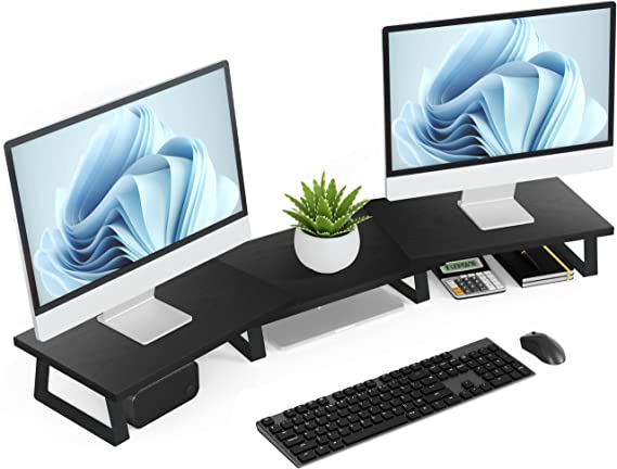 Photo 1 of Desk Dual Monitor Stand Riser - Computer Stand For Desktop Monitor, Desk Shelf For Monitor, Wood Monitor Stand With Adjustable Length And Angle, Desktop Organizer, Large Monitor Stand (Black)
