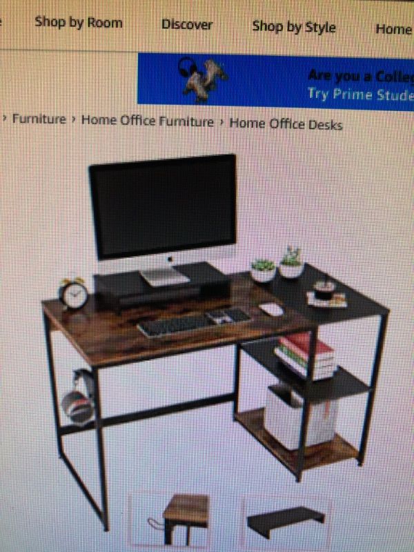 Photo 1 of Nost & Host 47 Inch Home Office Desk with Storage Shelves, Computer Desk with Monitor Stand and Headphone Hook, Industrial 2-Tone Small Writing Work Desk Study Table, Rustic Brown and Black