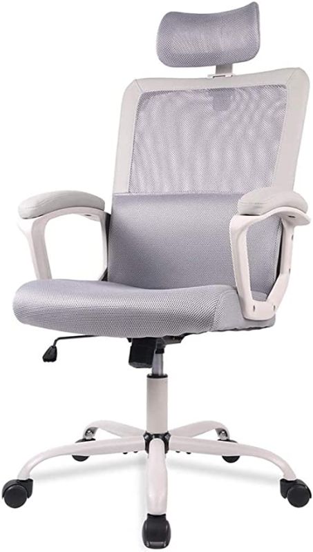 Photo 1 of SMUG Ergonomic Mesh High Back Computer Adjustable Headrest,Lumbar Support, Tilt Function,Swivel Rolling, Soft PU Armrest Task Home Office Desk Chairs, Light Grey