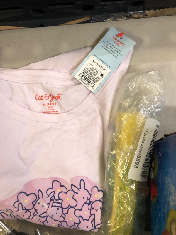 Photo 3 of 20-item MISC ITEM BAG LOT // ITEMS SOLD AS IS // 3 white small short sleeve Crew Neck Undershirts (Goodfellow & Co), Caprisun expires 23-june-2023, pink tshirt XL; black tshirt L; halloween leggings 12; cherry striped t-shirt size 12MO