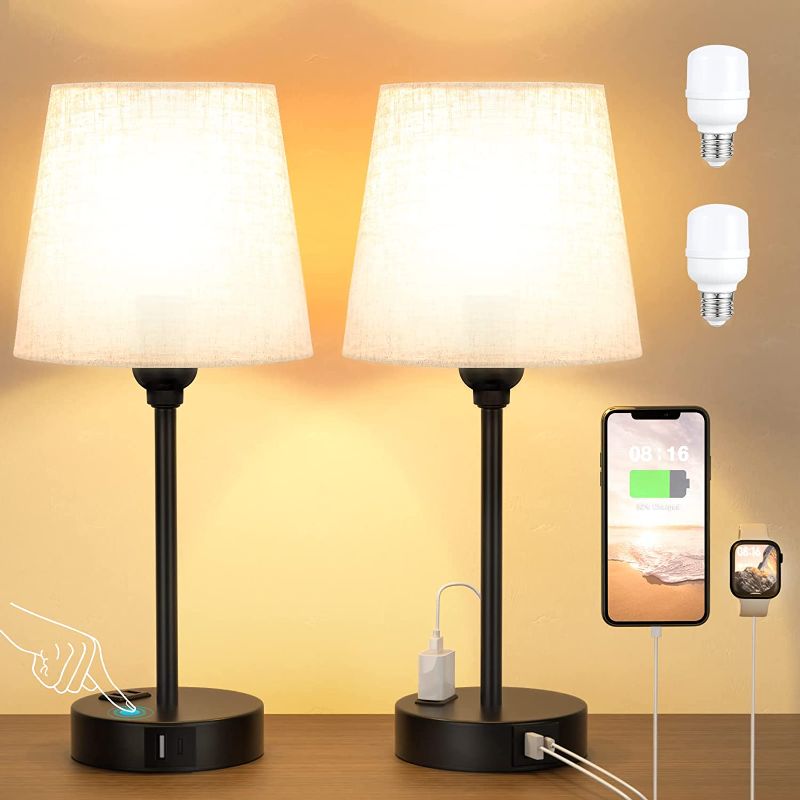 Photo 1 of Mini Bedside Lamps for Bedrooms Set of 2 - Nightstand Bedroom Lamps with USB C Port and AC Outlet Charging, Dimmable Touch Small Bed Side Table Lamp, Black Night Stand Light for Kids/Guest Room
