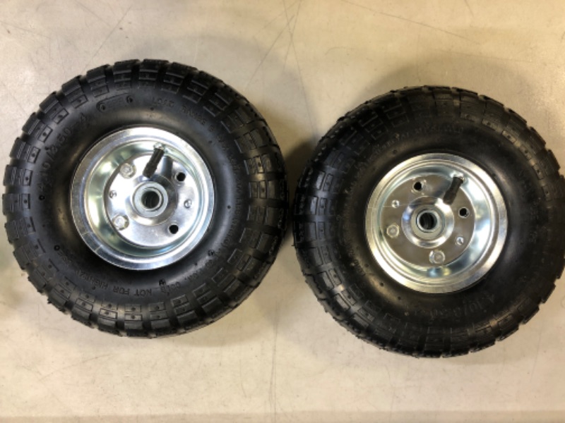 Photo 2 of 2 Pack:: 4.10/3.50-4" Pneumatic Air Filled Heavy-Duty Wheels/Tires,10" All Purpose Utility Wheels/Tires for Hand Truck/Gorilla Utility Cart/Garden Cart,5/8" Center Bearing,2.25" Offset Hub…
