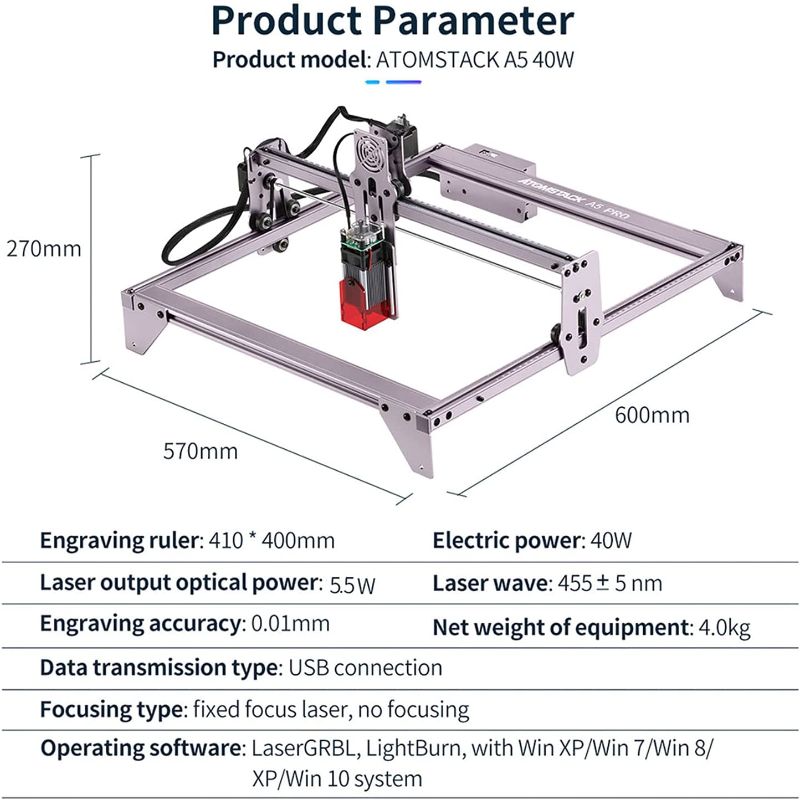 Photo 4 of ATOMSTACK A5 Pro Laser Engraver, 40W Laser Engraving Cutting Machine for Wood, 5W-5.5W Output Power, Compressed Spot CNC Carving DIY Laser Master, Eye Protection Fixed-Focus, 400x410mm
PURPLE